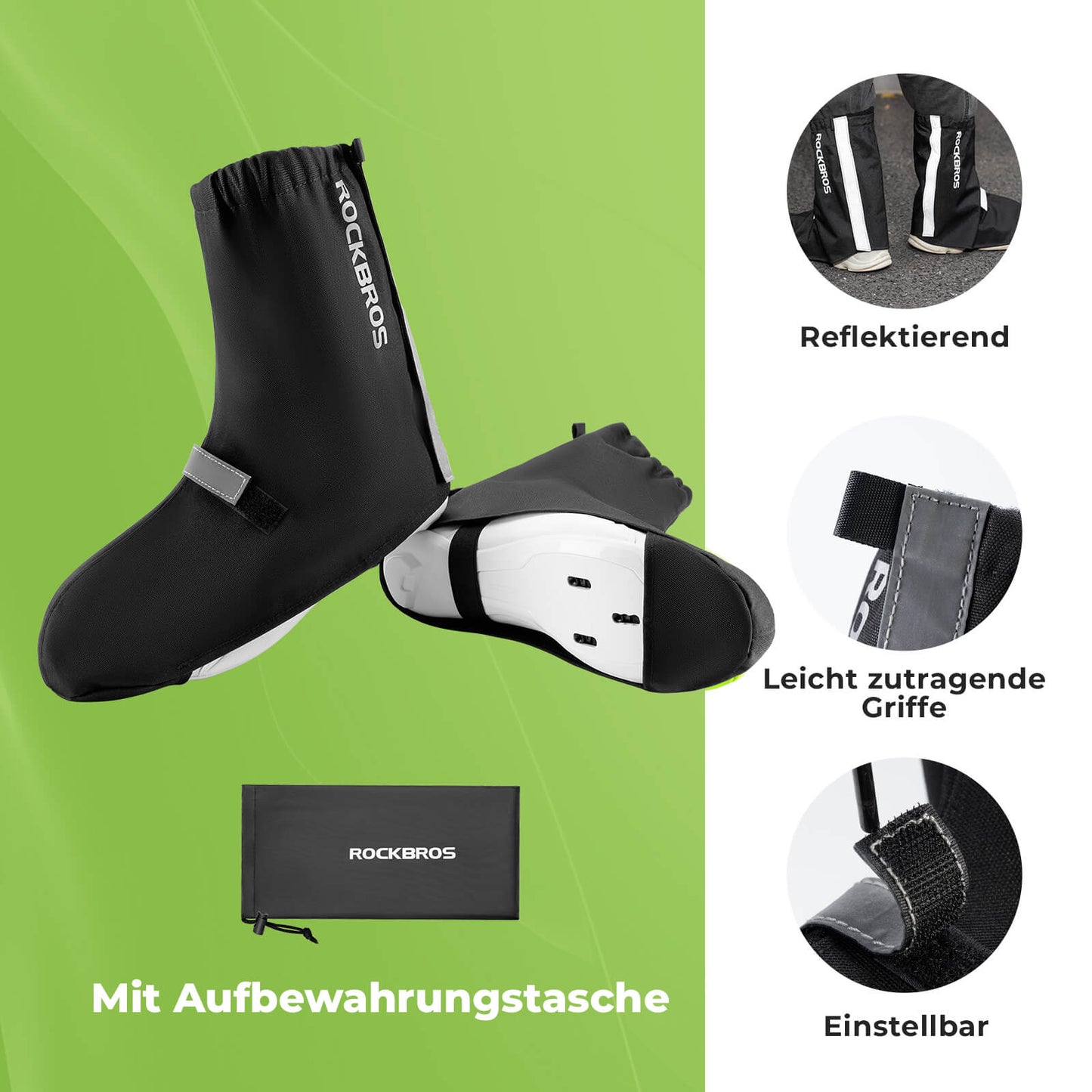 Reflective waterproof cycling overshoes with Velcro closure