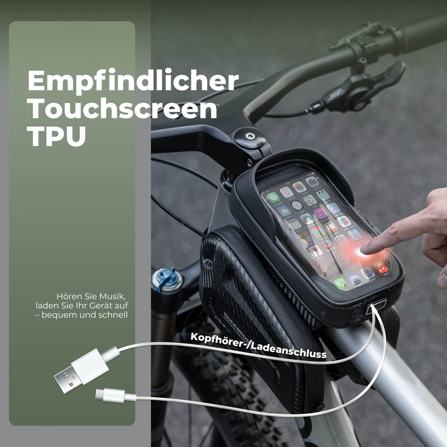 Taska fyrir snjallsíma efst á rörinu með sólarvörn og hliðarvösum 