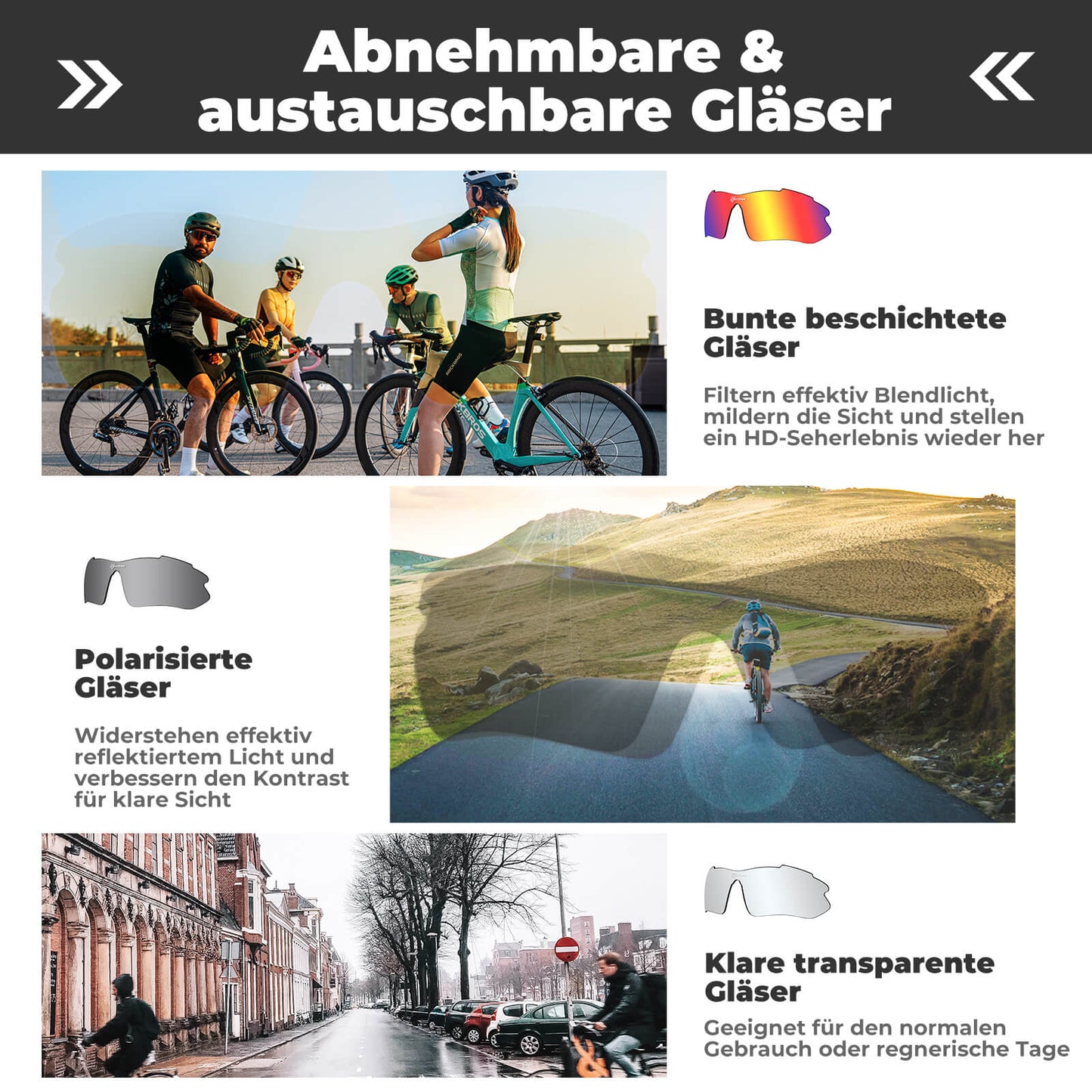 Polarized cycling glasses with interchangeable lenses, UV protection, unisex