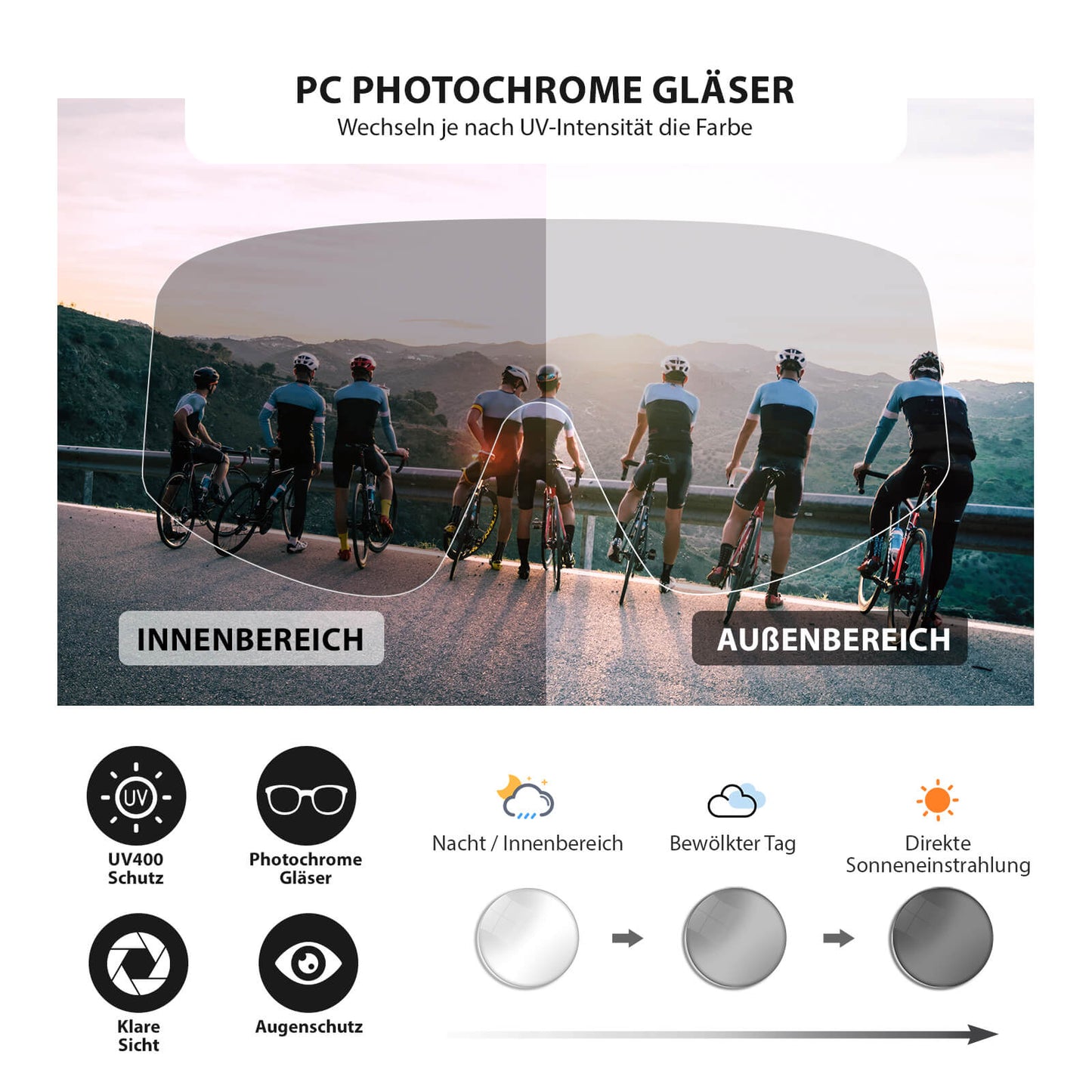 Self-tinting sunglasses, ultra-lightweight, UV400 protection, green