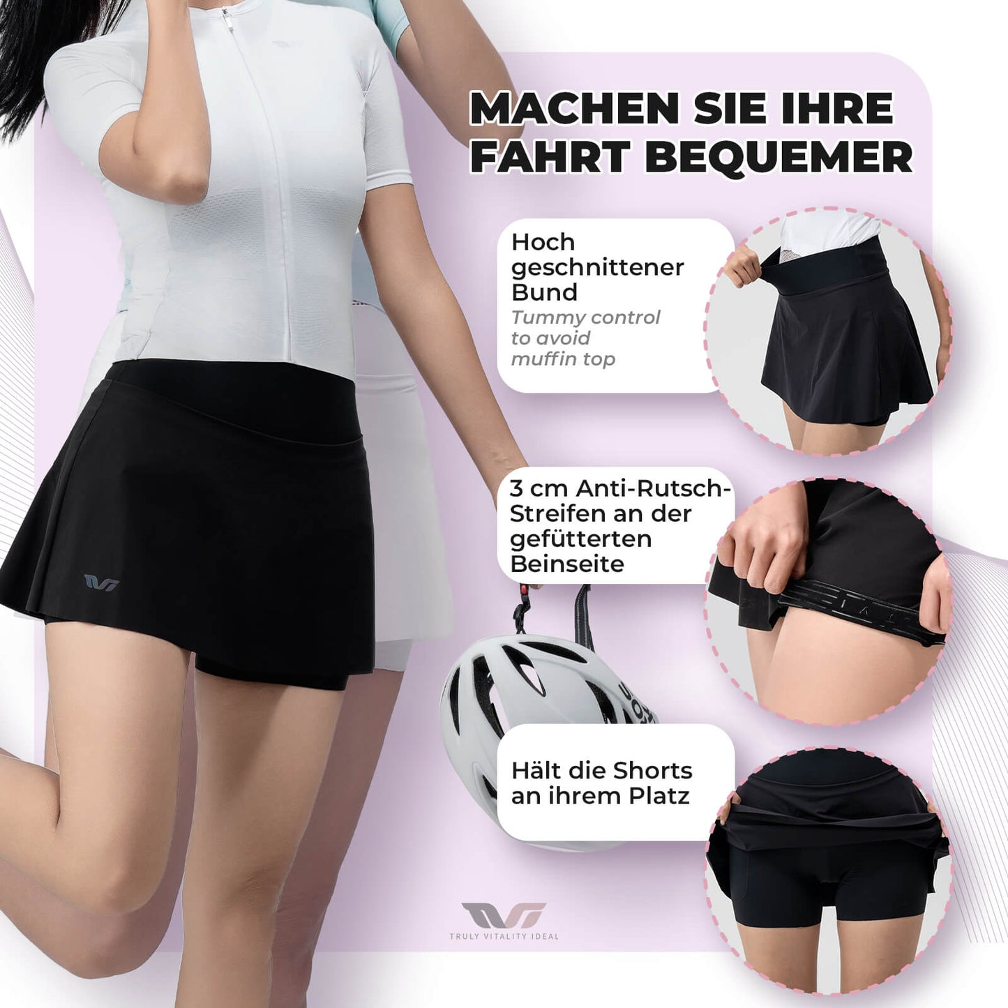 TVI Damen 2 in 1 Fahrradrock Kurze Gepolstert Radlerhose mit Tasche