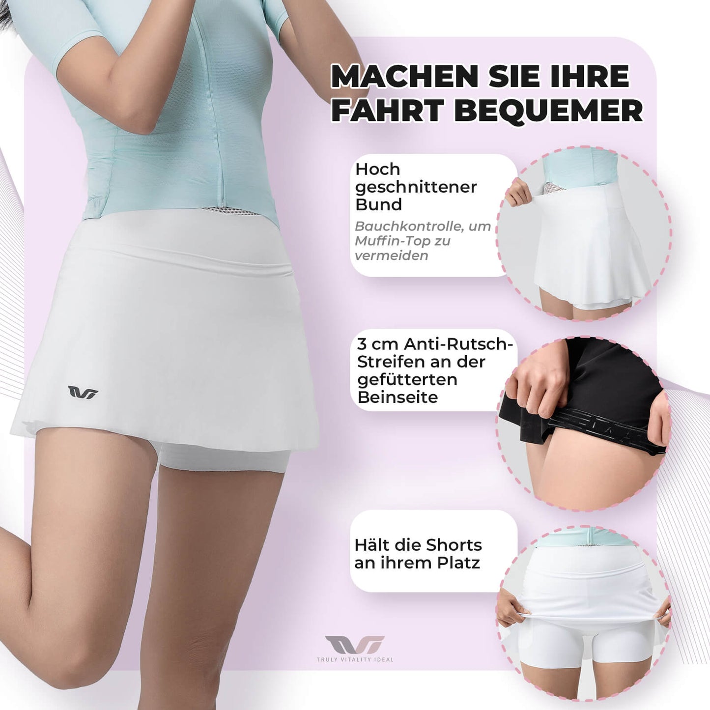 TVI Damen 2 in 1 Fahrradrock Kurze Gepolstert Radlerhose mit Tasche