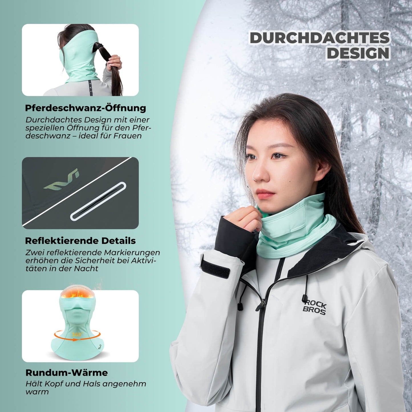 ROCKBROS TVI Balaklava með taglopnun fyrir konur, hlýrgrænn