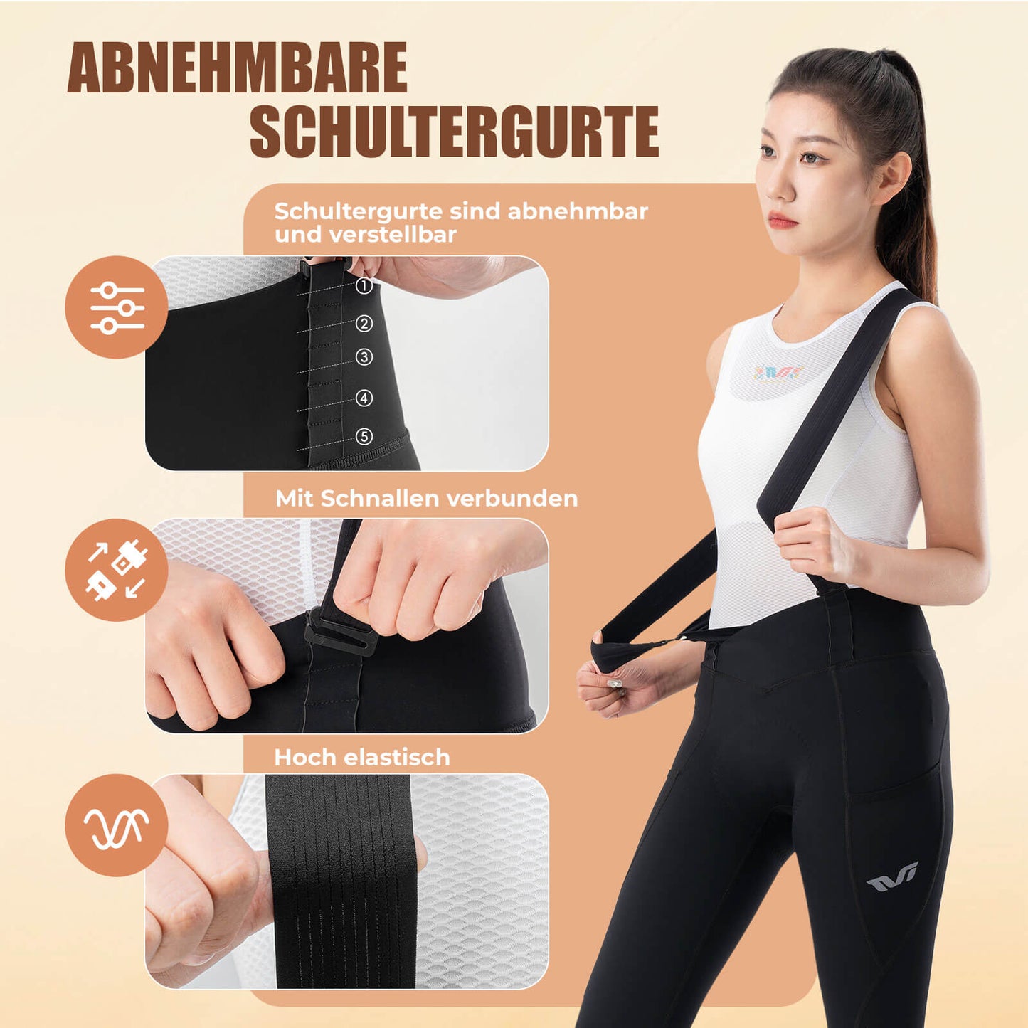 TVI Lange Trägerhose Fahrradhose mit Sitzpolster Abnehmbare