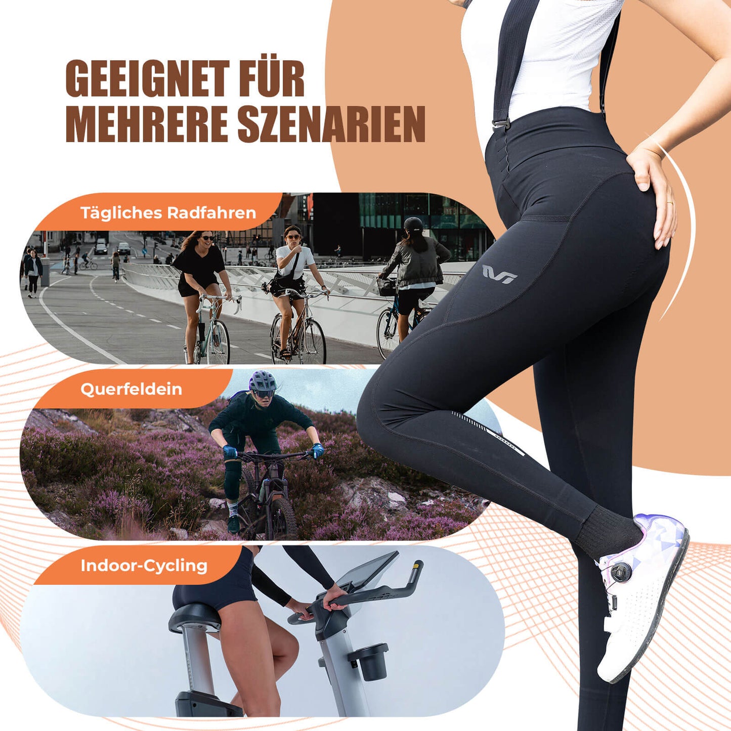 TVI Lange Trägerhose Fahrradhose mit Sitzpolster Abnehmbare