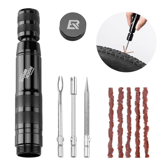 Tubeless tire repair kit with rubber plugs, aluminum housing, handle