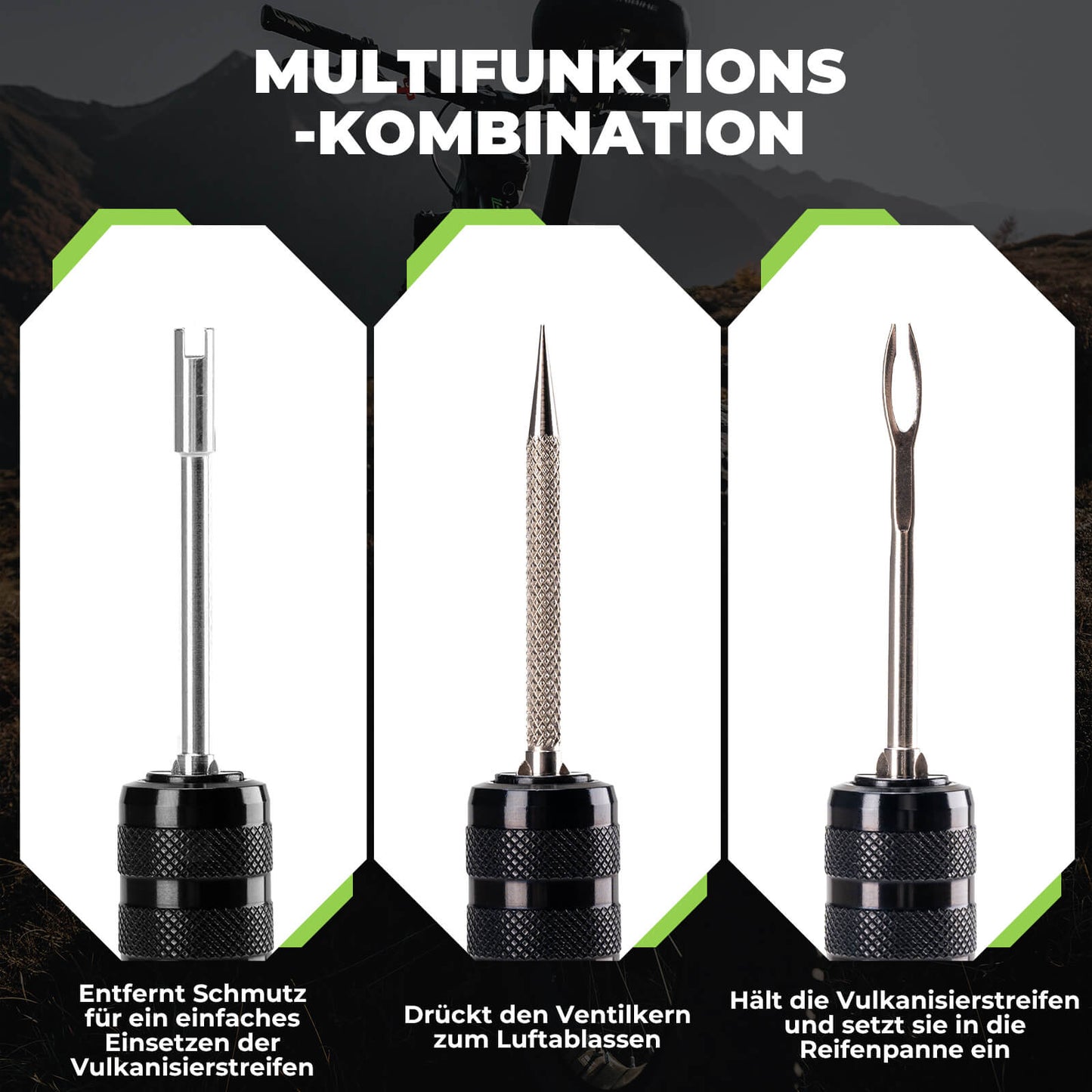 Tubeless tire repair kit with rubber plugs, aluminum housing, handle