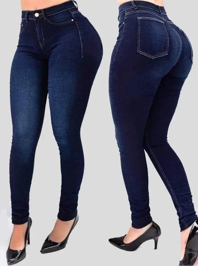mótaðar gallabuxur með háu mitti fyrir konur, einlitar, skinny denim-buxur í götustíl