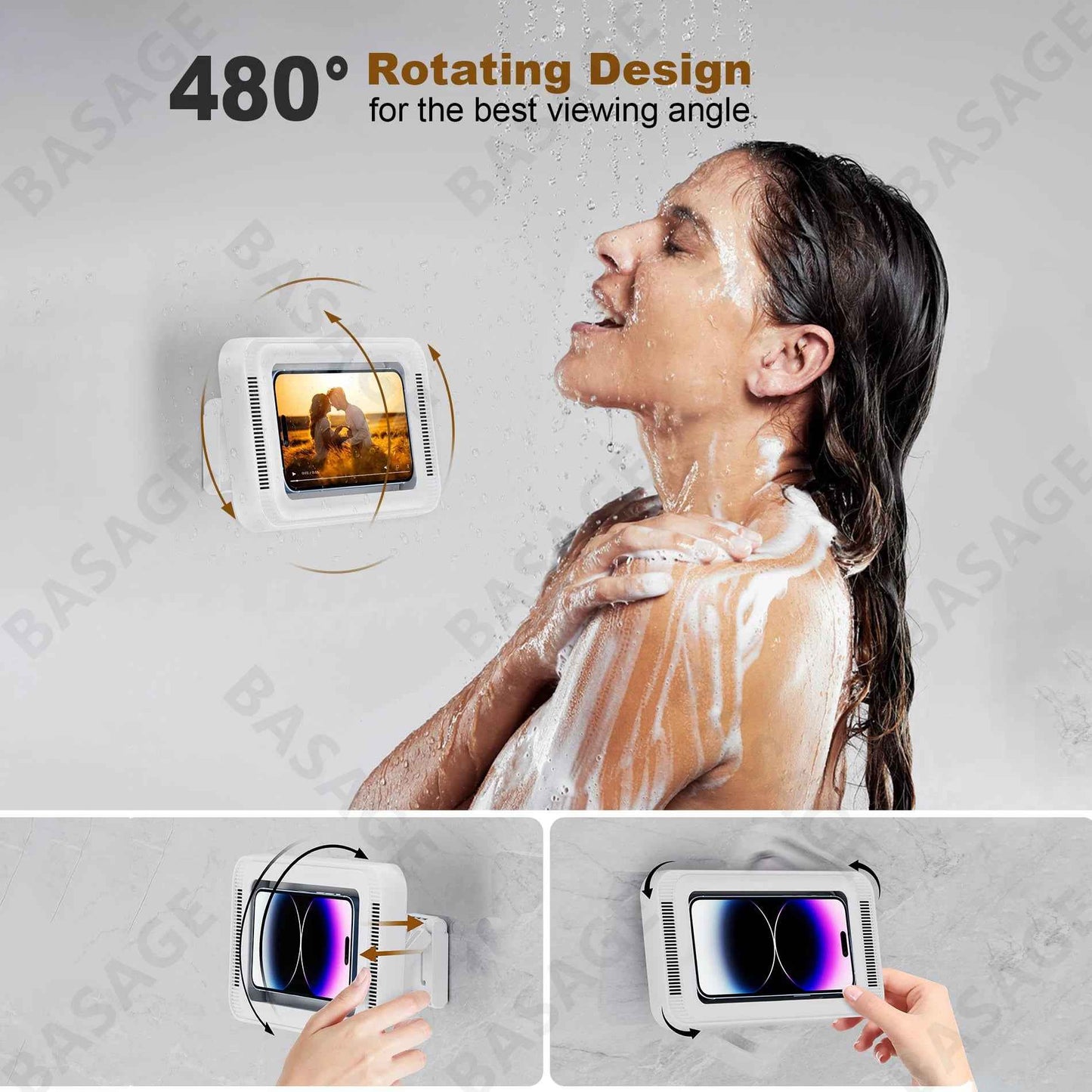 Shower Waterproof Phone Holder With Speaker - 480° Rotation