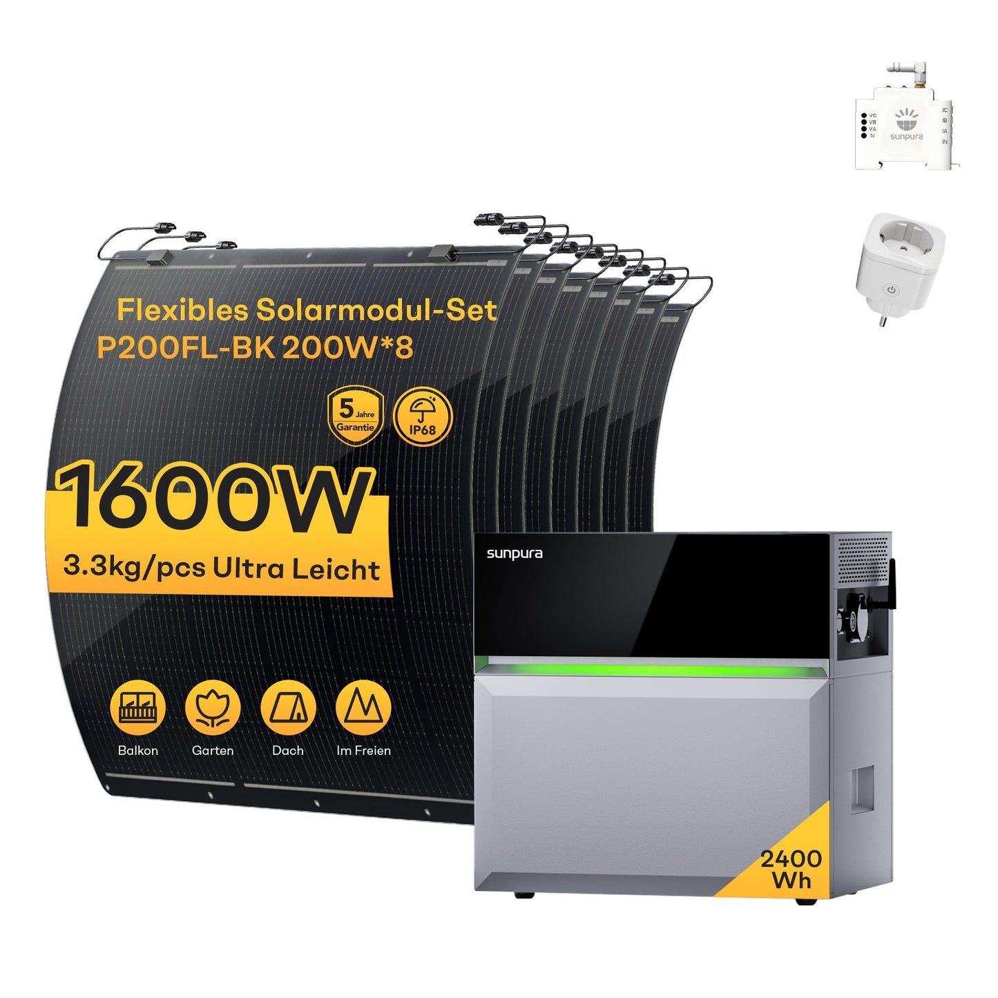 Sunpura S2400 Plug & Play Balkonkraftwerk mit Speicher , AC/DC-Kopplung, 2000W+2400W, 2400Wh