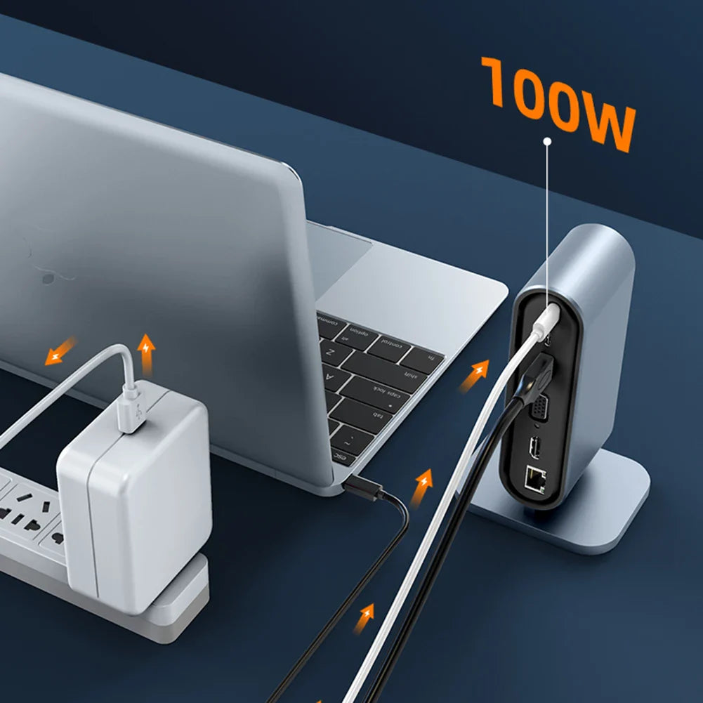USB C tengikví með HDMI 4K, hleðslutæki fyrir aflgjafa, Ethernet tengi, VGA, SD kortalesara