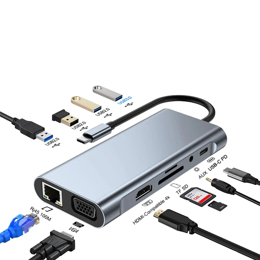 USB C tengikví með HDMI 4K, hleðslutæki fyrir aflgjafa, Ethernet tengi, VGA, SD kortalesara
