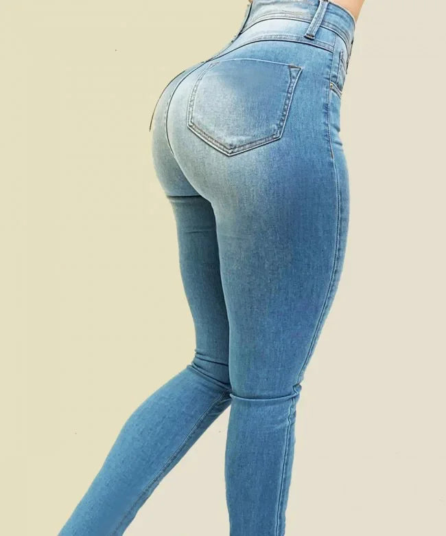 mótaðar gallabuxur með háu mitti fyrir konur, einlitar, skinny denim-buxur í götustíl