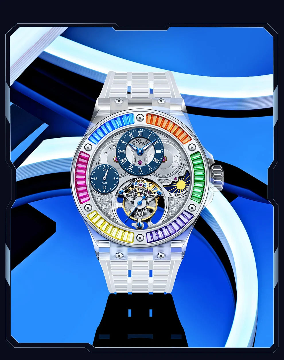 Haofa k9 vatnsmelónu kristalúr lúxus beinagrindarúr Tourbillon úr safírgleri