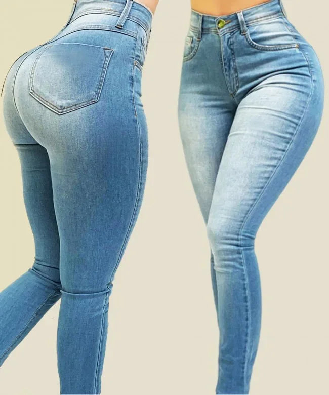 mótaðar gallabuxur með háu mitti fyrir konur, einlitar, skinny denim-buxur í götustíl