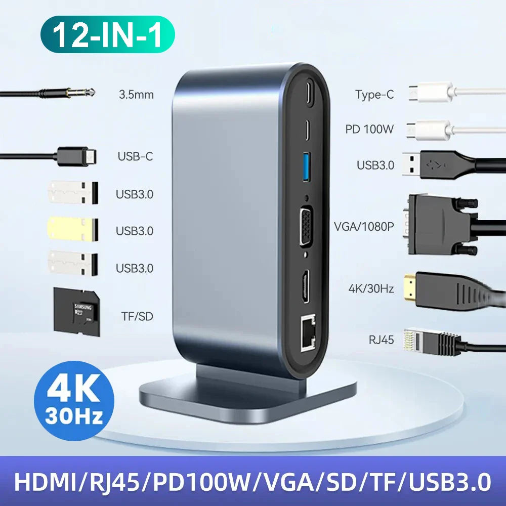 USB C tengikví með HDMI 4K, hleðslutæki fyrir aflgjafa, Ethernet tengi, VGA, SD kortalesara