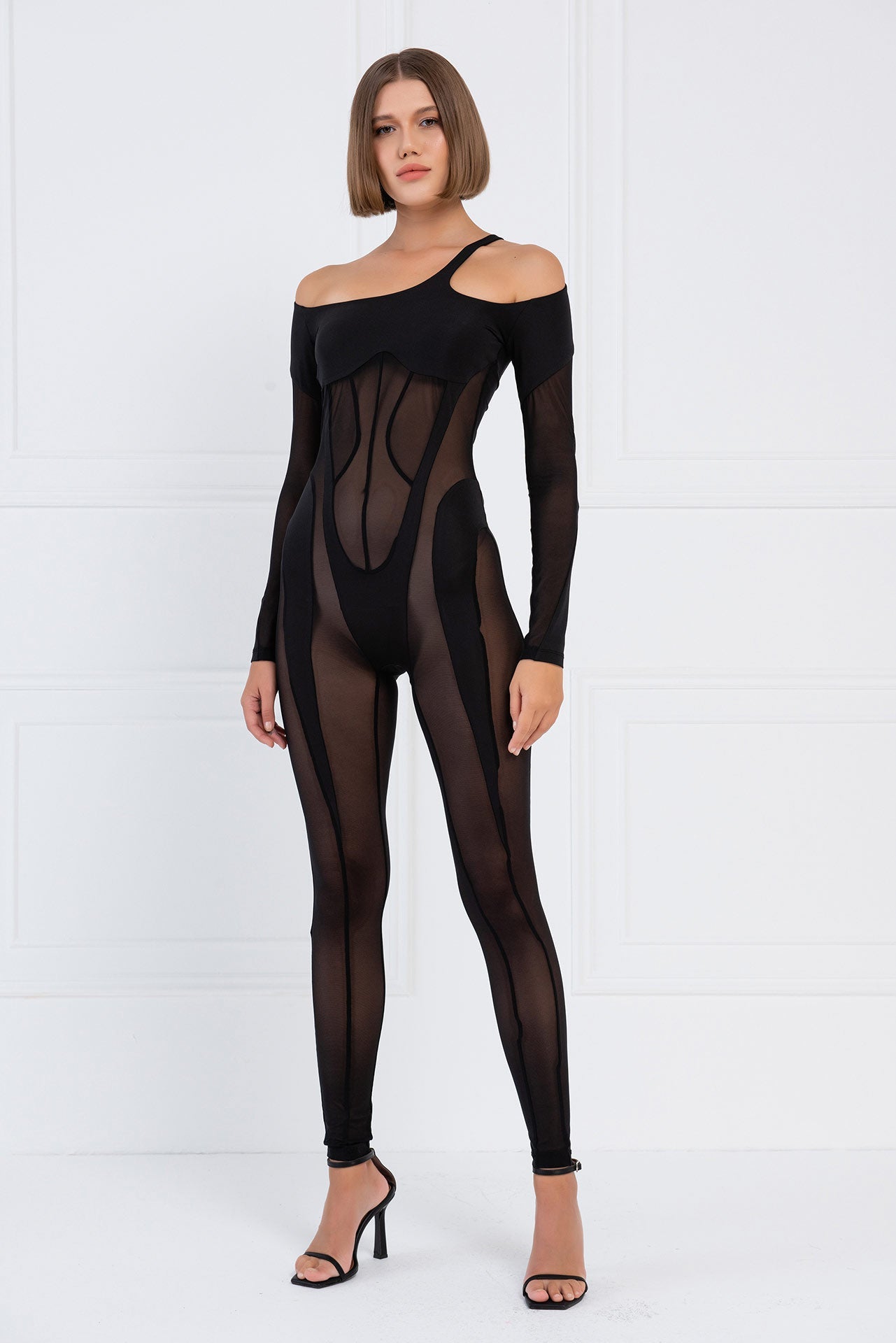 Sheer Cut Out Shoulder Catsuit