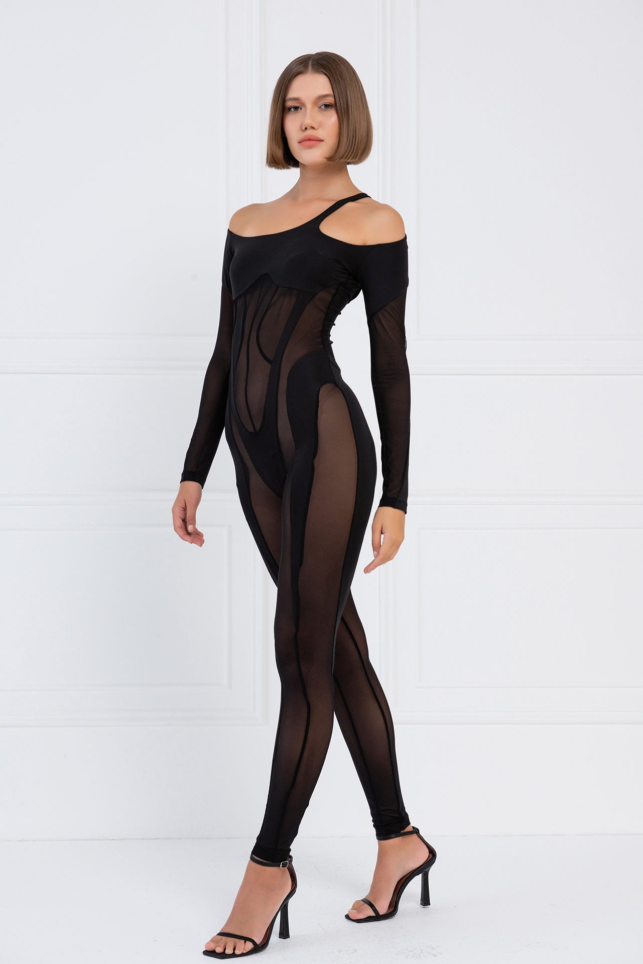 Sheer Cut Out Shoulder Catsuit