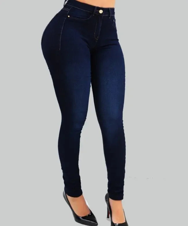 mótaðar gallabuxur með háu mitti fyrir konur, einlitar, skinny denim-buxur í götustíl