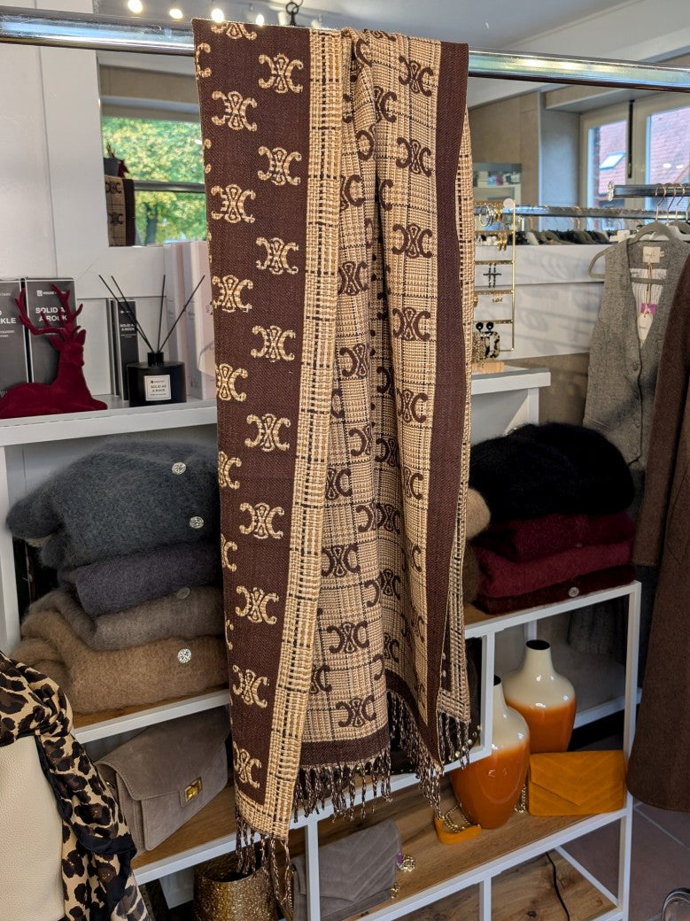 Reversible scarf Celine style Coffee Brown Beige Gold with fringe 80% Viscose 20% Wool