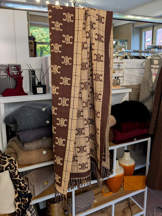 Reversible scarf Celine style Coffee Brown Beige Gold with fringe 80% Viscose 20% Wool