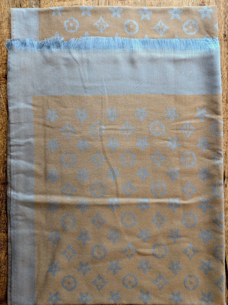 Reversible scarf, Louis Vuitton style, gold and turquoise with fringe, 100% viscose, STN241-63