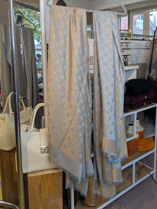 Reversible scarf, Louis Vuitton style, gold and turquoise with fringe, 100% viscose, STN241-63