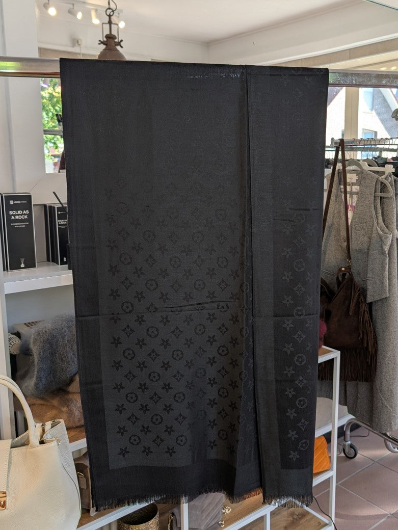 Reversible scarf, Louis Vuitton style, black with fringe, 100% viscose, STN241-11