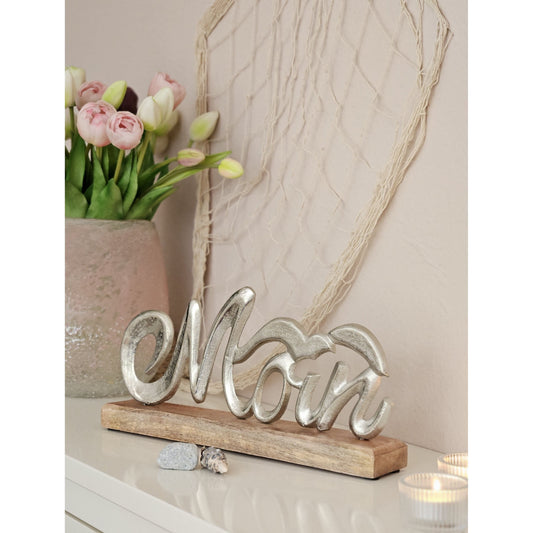 Schriftzug Moin Möwe Dekoschriftzug Mangoholz Schild Aluminium Holz Silber 33 cm
