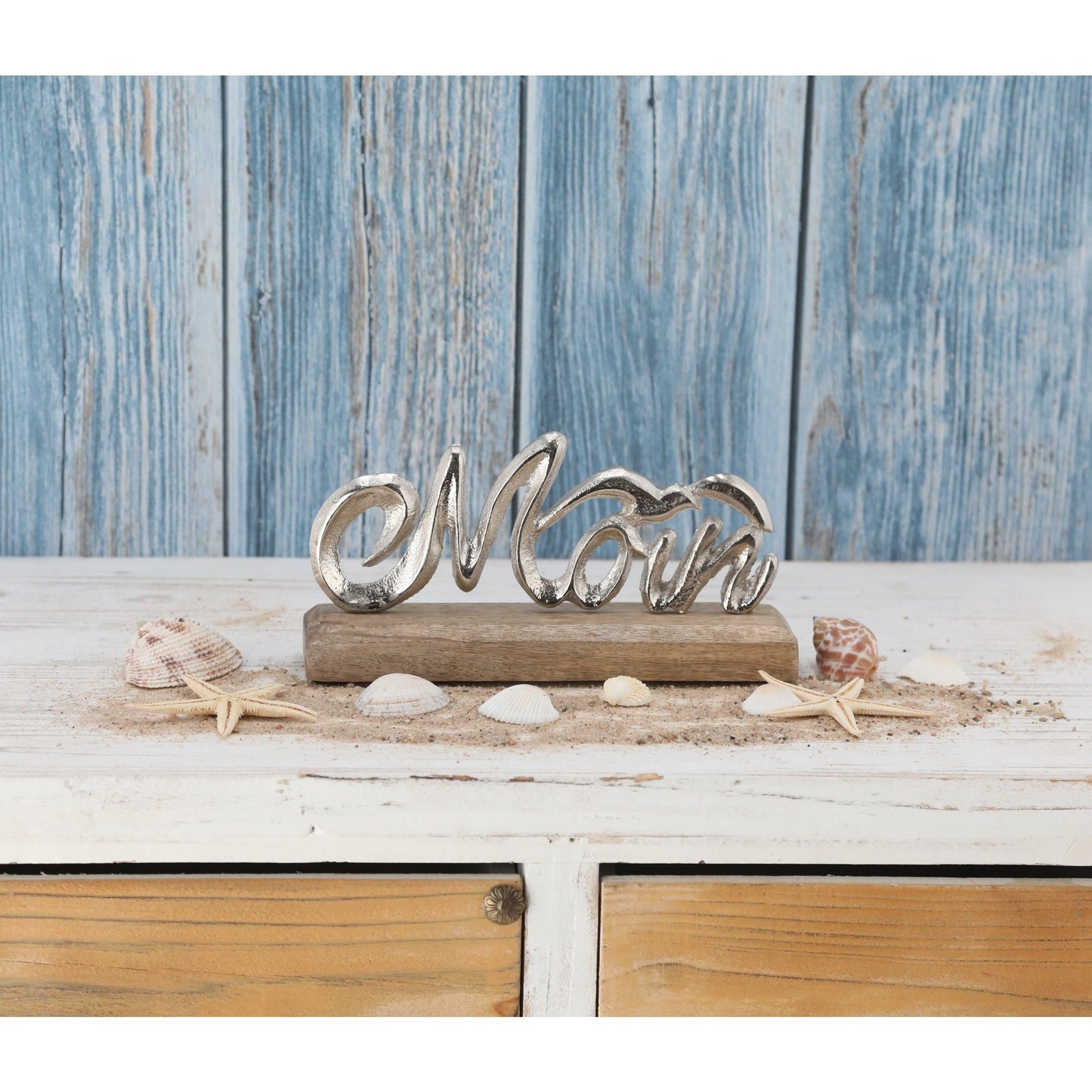 Schriftzug Moin Möwe Dekoschriftzug Mangoholz Aluminium Holz Silber 23x11x5 cm