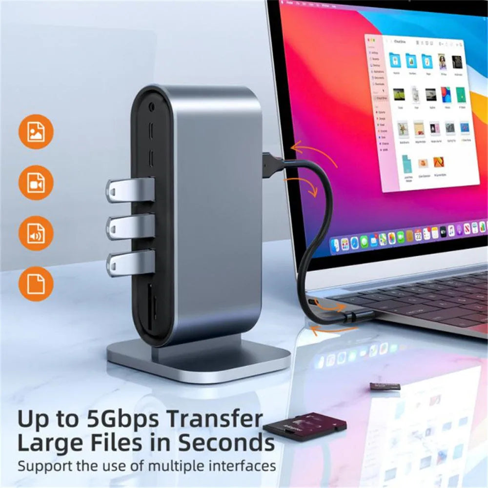 USB C tengikví með HDMI 4K, hleðslutæki fyrir aflgjafa, Ethernet tengi, VGA, SD kortalesara