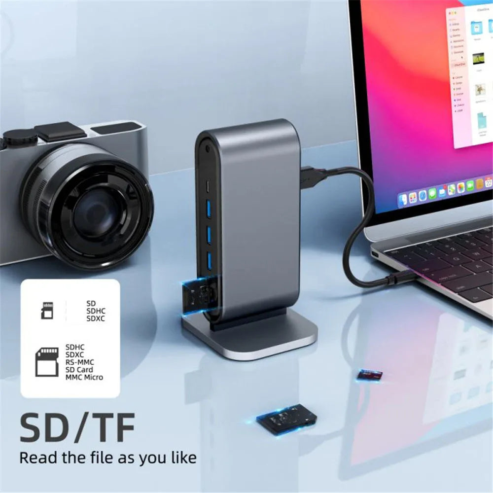 USB C tengikví með HDMI 4K, hleðslutæki fyrir aflgjafa, Ethernet tengi, VGA, SD kortalesara