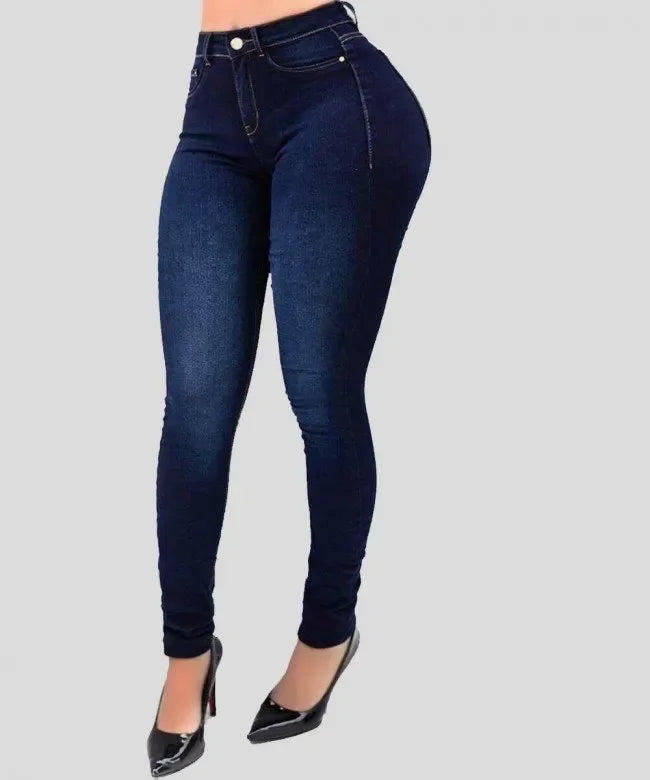 mótaðar gallabuxur með háu mitti fyrir konur, einlitar, skinny denim-buxur í götustíl