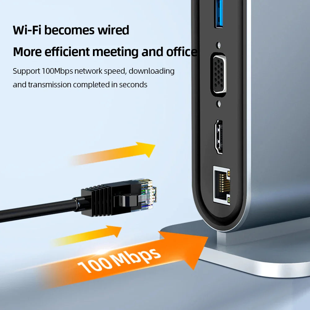 USB C tengikví með HDMI 4K, hleðslutæki fyrir aflgjafa, Ethernet tengi, VGA, SD kortalesara