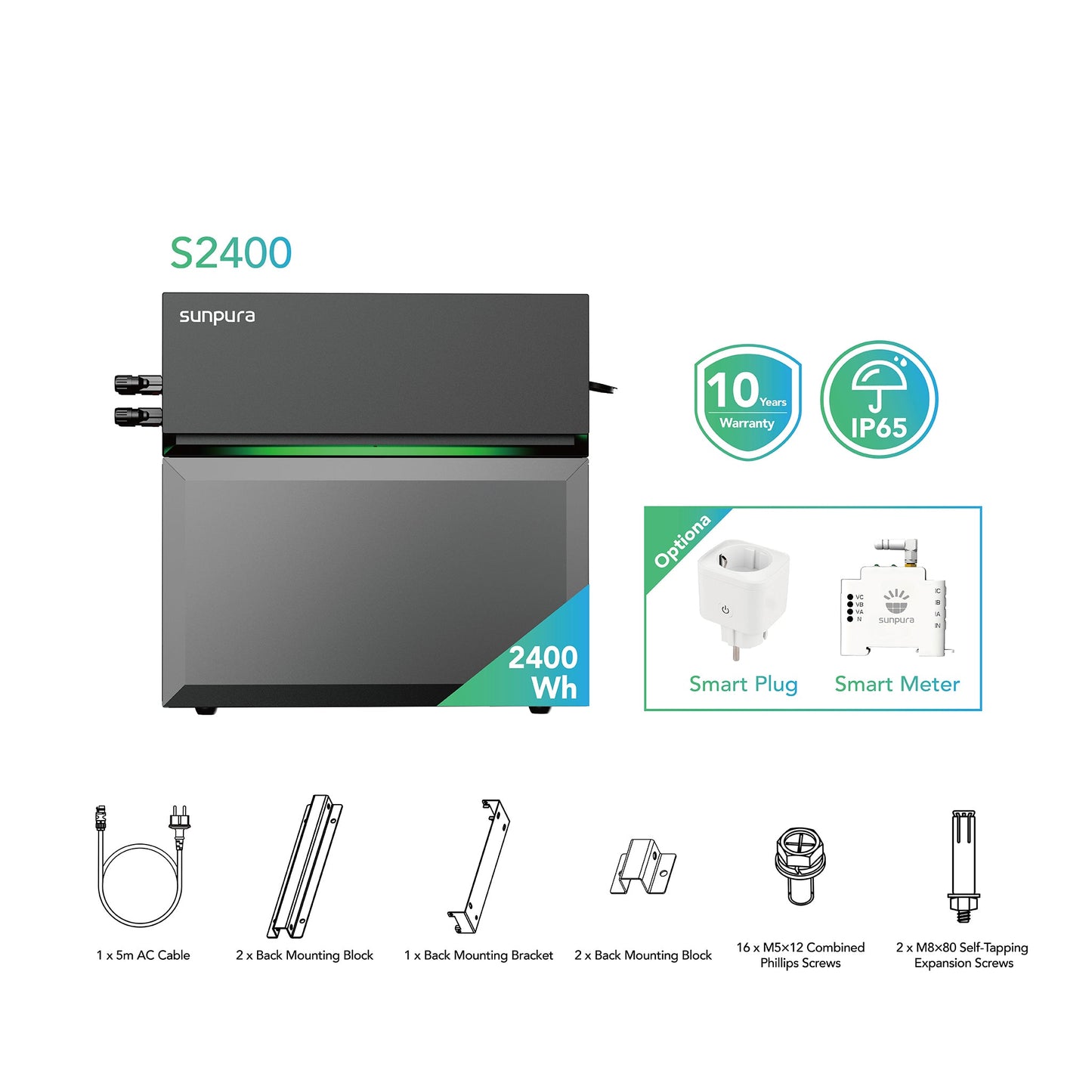 Sunpura S2400 Plug & Play Balkonkraftwerk mit Speicher , AC/DC-Kopplung, 2000W+2400W, 2400Wh