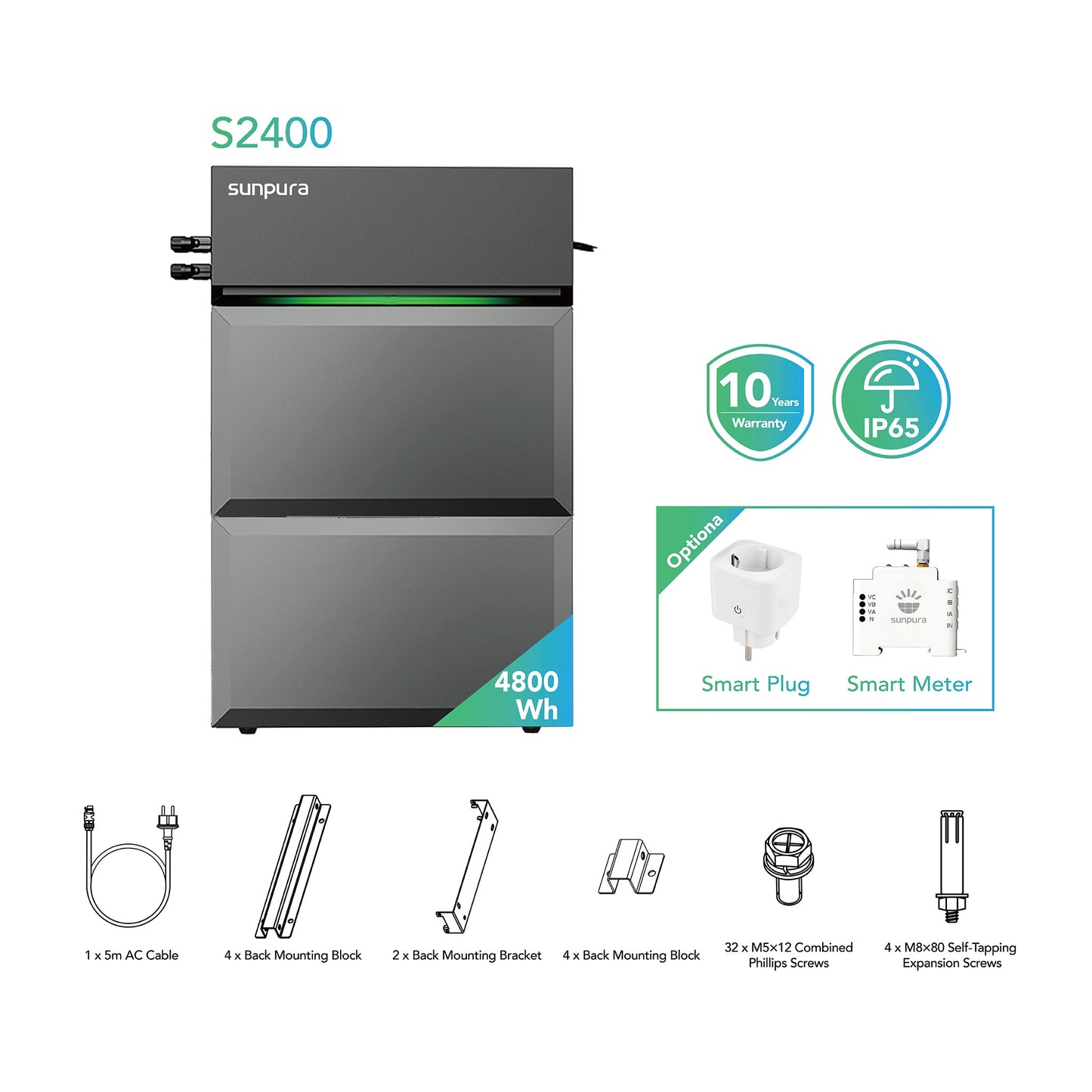 Sunpura S2400 Plug & Play Balkonkraftwerk mit Speicher , AC/DC-Kopplung, 2000W+2400W, 2400Wh