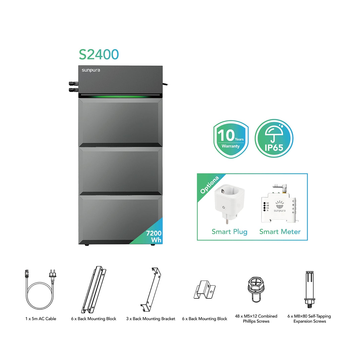 Sunpura S2400 Plug & Play Balkonkraftwerk mit Speicher , AC/DC-Kopplung, 2000W+2400W, 2400Wh