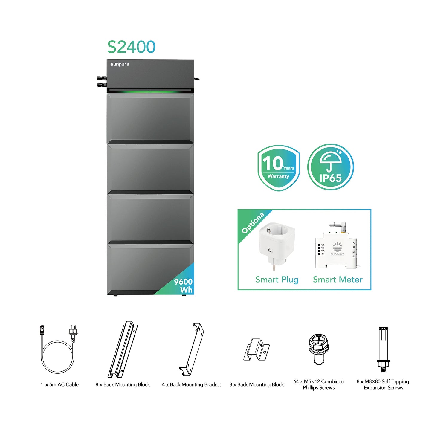 Sunpura S2400 Plug & Play Balkonkraftwerk mit Speicher , AC/DC-Kopplung, 2000W+2400W, 2400Wh
