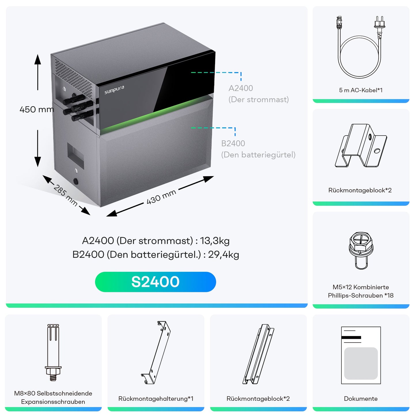 Sunpura S2400 Plug & Play Balkonkraftwerk mit Speicher , AC/DC-Kopplung, 2000W+2400W, 2400Wh