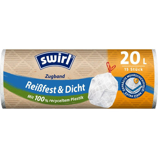 Swirl Zugband- Müllbeutel 20 l Reißfest & Dicht | Rolle (15 Beutel)