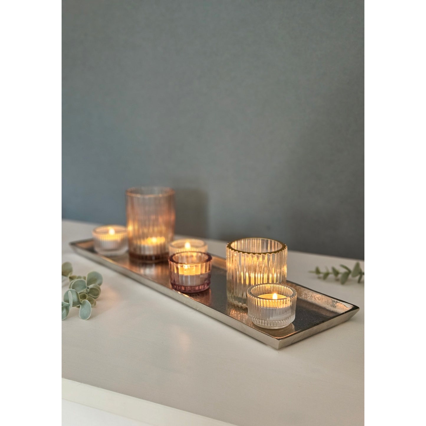 Tablett Deko Metall 44x13 cm silber Kerzentablett Dekotablett Dekoschale rechteckig