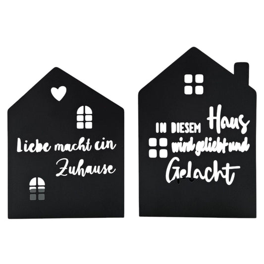 Teelichthalter Haus schwarz 2er Set Kerzenhalter Metall Zuhause Sprüche