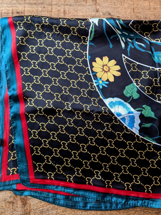 Gucci style scarf, black, gold, red, green, yellow, blue, square, viscose, silk, YC-15