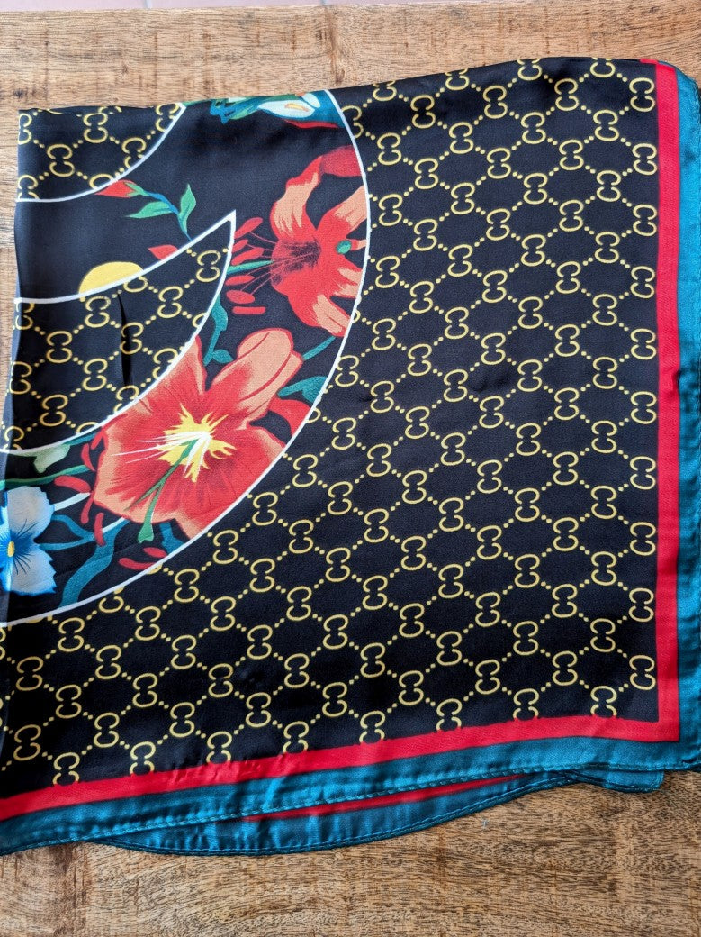 Gucci style scarf, black, gold, red, green, yellow, blue, square, viscose, silk, YC-15