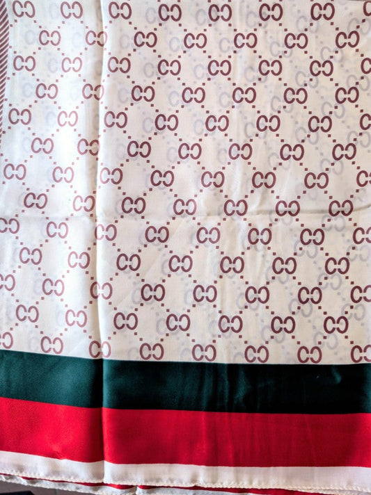 Gucci style rectangular long scarf, cream, red border, red and green, viscose silk, SJ668