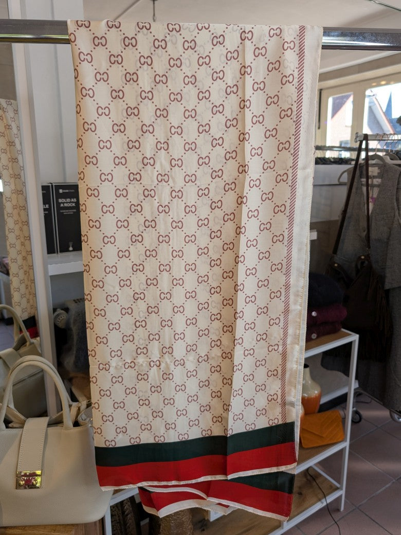 Gucci style rectangular long scarf, cream, red border, red and green, viscose silk, SJ668