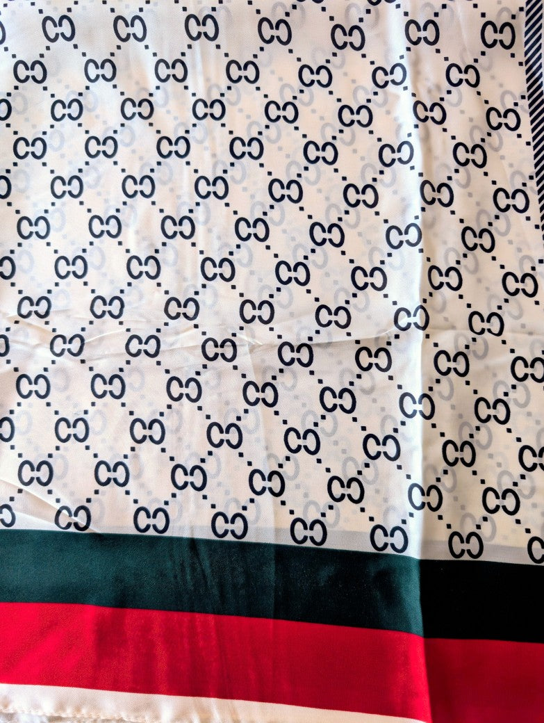Gucci style rectangular long scarf, cream with black trim, red and green, viscose silk, SJ668