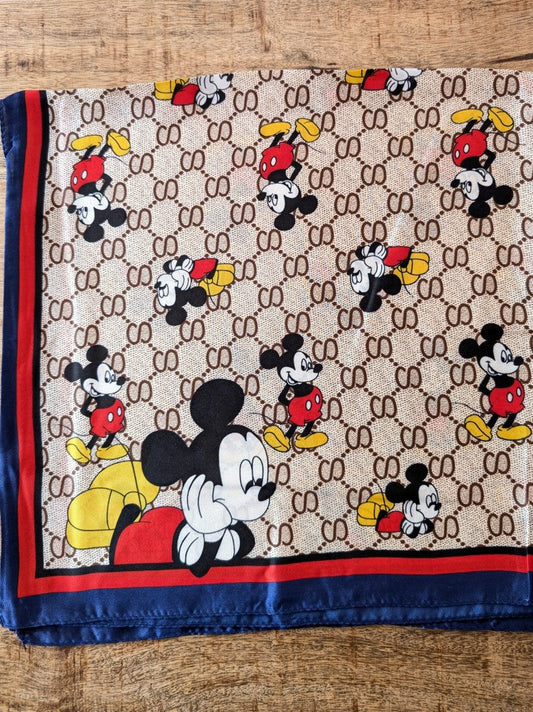 Gucci Mickey Mouse Style Scarf, Beige/Brown Viscose/Silk, Red/Blue Border, Square, JD224-117