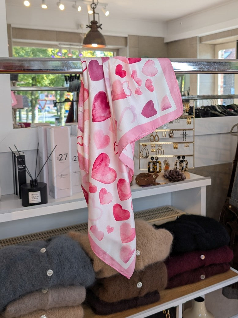 Scarf with hearts, white, pink, purple, red, viscose, square, WJ-2017