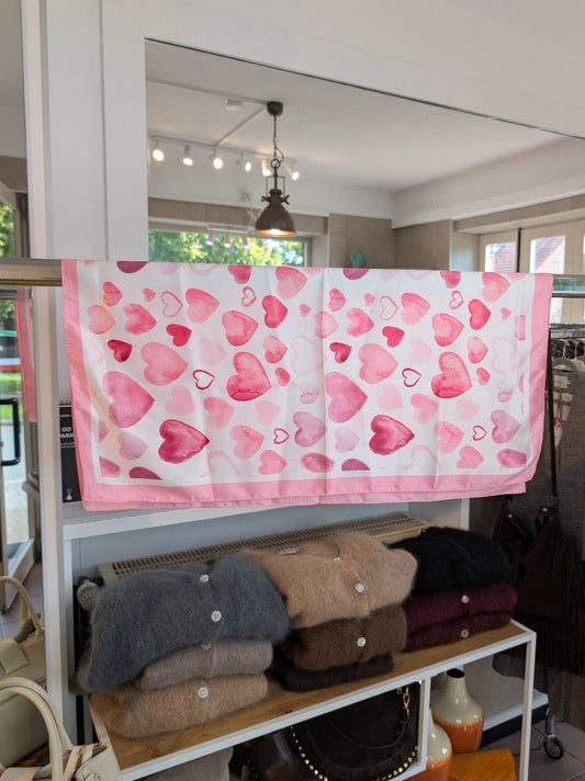 Scarf with hearts, white, pink, purple, red, viscose, square, WJ-2017